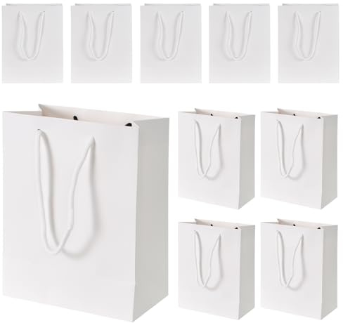 Geschenktüte Papiertasche 10 Stück Papiertüten mit Henkel 18X10X23 cm Wiederverwendbare Kraftpapier Tüten für Valentinstag Lebensmittel Backen Einkaufen Geburtstag Hochzeit Weihnachtsfeier (Weiß)