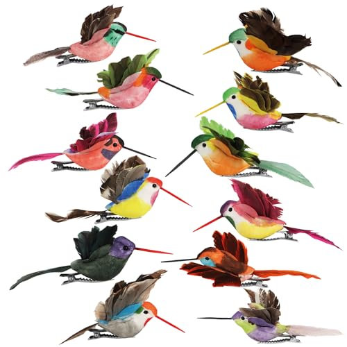 com-four® 12x Dekokolibri - künstliche Blütenvögel in bunten Designs - kleine Dekovögel mit Federn und Metall-Clip - Zier-Vogel für Dekoration - Nektarfee (12 Stück - Kolibri)