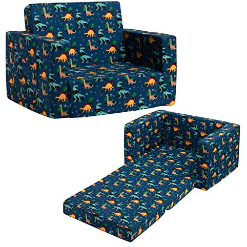 BEJOY Kindersofa Aufklappen 2 in 1 Schlafsofa, Kindersessel, Kinder Couch Ausklappbar Kinder Sofa für Kinderzimmer Kindertags- und Geburtstagsgeschenk für Mädchen und Jungen - Marineblau mit Dinos
