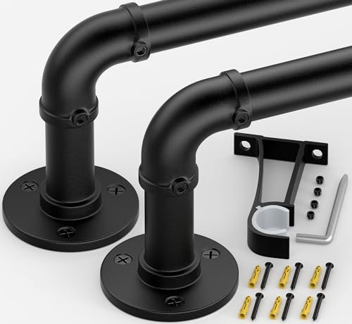 Qouara Curtain Rods for Windows 66 to 120, Black Adjustable Curtain Rods Set of 2, Blackout Wrap Around Curtain Rod, Heavy Duty Industrial Curtain Rods, 1 Inch Outdoor/Indoor Curtain Rod 66-120