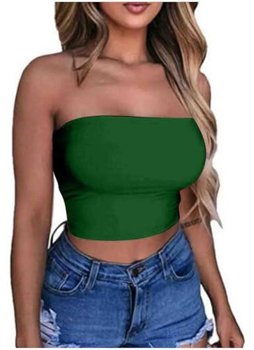 KOG Amazon Gutschein Bandeau Top Damen Crop Tops Sexy Tube Top Frauen Sommer Schulterfreies Oberteil Push up Bustier Bauchfreie Trägerloses Top ärmellos Korsett Angebote Grün M