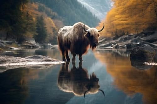 Acryl-Bild 110 x 70 cm: Yak steht im Herbst am Ufer eines Bergsees. (211482756)