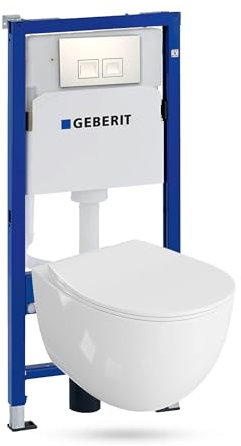 Lavita Duofix Basic Vorwandelement + Wand Tiefspül WC Mondo Weiß Spülrandlos + WC Sitz + Bedienplatte Delta 25 Weißer Knopf Komplettset Unterputz Spülkasten Toilette Komplett Sett WC
