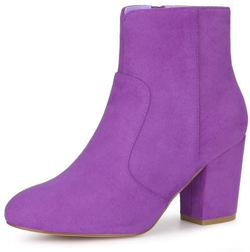 Allegra K Stivaletti da donna con zip laterale punta tonda tacco grosso, Viola, 37 EU