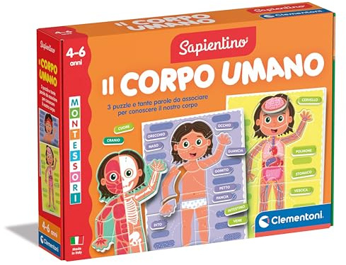 Clementoni Sapientino Montessori - Der menschliche Körper, Lernspiel für Kinder 4-6 Jahre, um Anatomie und Skelett zu entdecken, mit illustrierten Karten und Karten, Made in Italy, italienische