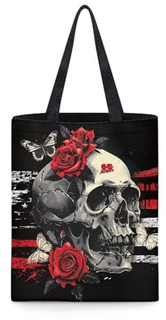 chaqlin Canvas-Tragetaschen, große Kapazität, wiederverwendbar, für Damen, modische Schulterhandtaschen mit Innentasche, Totenkopf und Rose im Vintage-Stil, Einheitsgröße