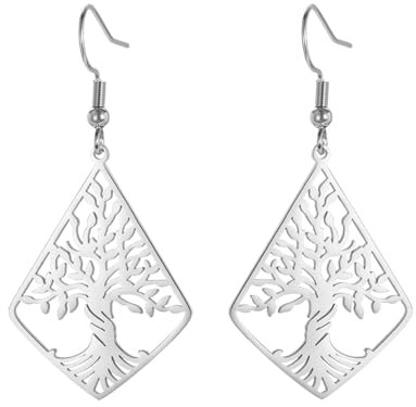 KKJOY Pendientes Rómbicos Árbol de la Vida de Acero Inoxidable Pendientes Colgantes Árbol de la Vida Familiar Inspirado en la Naturaleza Joyas Espirituales para Mujeres Encantadoras