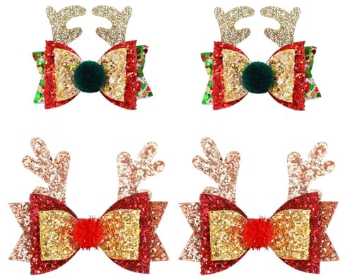 4PCS Paillettes Pince Cheveux Noël avec Renne Corne & Noeud, Cerf Pinces à Cheveux Barrette Noël Cheveux Fille Noeud Cheveux Noël, Accessoires Cheveux Noël, Accessoire Noël Femme Fille Enfant