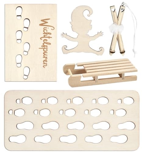 YUYWWAN Wichtel Schablone, Wichtel Fußabdrücke, 5 Stück Wichteltür Zubehör Holz, Wichtelschablone Wichtel Zubehör Weihnachten, Wichtelspuren Schablone, Con Miniatur Schlittenstock, Schlitten