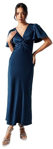 Oasis Satin Twist Front Angel Sleeve Midi Bridesmaid Dress, 16, Navy