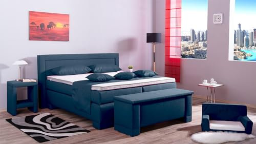 Boxspringbett Rico 240x220, W-Blue, 7-Zohnen Taschenfederkernmatratze, Komfortschaum - Inklusive Aufbau - Deutscher Hersteller