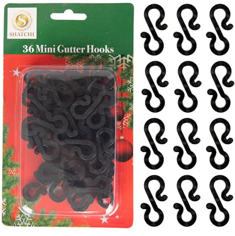 SHATCHI 36 mini ganci neri a forma di S, riutilizzabili, per grondaie, in plastica, per feste all'aperto e luci stagionali