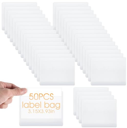Oruola 50pcs Label Holders Adhesive Shelf Tags,Drawer Labels Holder,8 X 10 Cm Removable Adhesive Pockets,Plastic Labels Holder for Supermarket Bookshelf Library Shelves Storage Business Kitchen