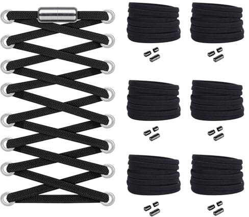 Widamin 6 Paar elastische Schnürsenkel mit Metallverschluss No Tie Shoelaces, Faule Schnürsenkel Ohne Binden für Kinder und Erwachsene(flach Schwarz)