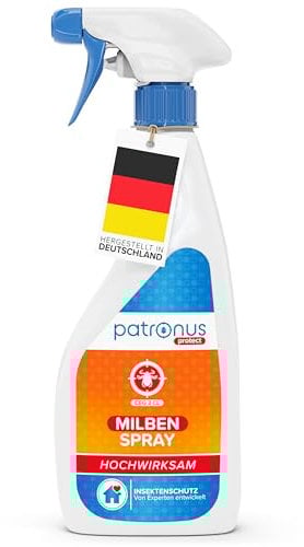 Patronus Milbenspray für Matratzen und Polster 500 ml - speziell für Hausstaub-Allergiker - Milben-Spray mit Sofortschutz zur Abwehr gegen Hausstaubmilben, mit dezentem Eukalyptus-Zitrusduft