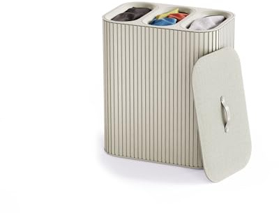 Joseph Joseph Tota Trio Luxe 90L Laundry Basket Ecru, Triple Laundry Hamper with Removable Tote Bags, Bamboo Lid, 3 Compartments