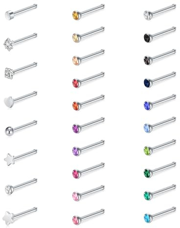 WillTen 30 Stück Gerade Nasenpiercing Silber Gold, 20G Nasenstecker aus Edelstahl Kleine Nasenpiercing Stecker, Winziger Nostril Nase Nose Nasen Piercing Stecker für Frauen