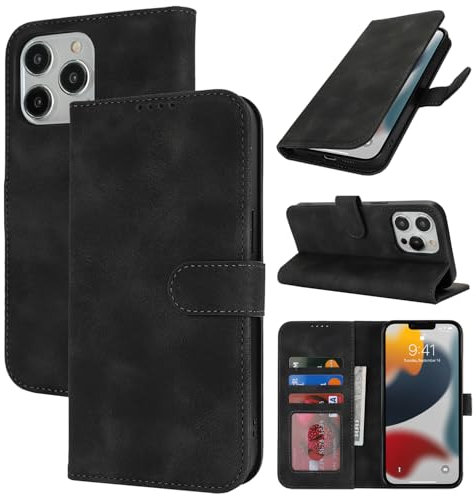 Zouzt Hülle für iPhone 13 Pro 6,1-Zoll, Stoßfestes PU Leder Handyhülle Lederhülle Klapphülle mit Kartenhalter und Standfunktion Flip Leather Wallet Phone Cover (Vintage Schwarz)