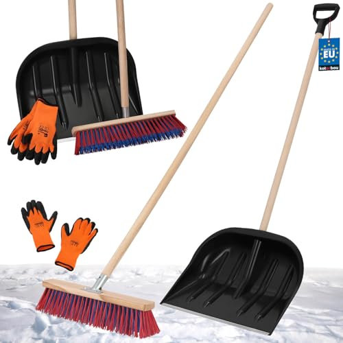 KOTARBAU® Set Schneeschaufel mit Holzstiel 137 cm Straßenbesen 43 cm + Handschuhe Schneeschieber Snow Shovel Schneeräumer Gartenbesen mit Stiel draußen Schneeschaufel Auto Holz Stiel zur Schneeräumung