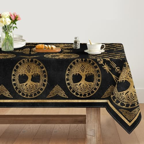 Artoid Mode Gold Wikinger Futhark Runen Odin Baum des Lebens Tischdecke 140x220 cm, Saisonnal Fleckschutz Tischwäsche Küche Dekoration Party Dekor