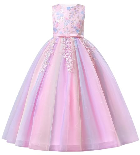 EFOGEP Partykleid Mädchen, Prinzessinnen-Tüllkleid mit Pailletten | Festliches Mädchenkleid mit floraler Spitzenstickerei und mehrlagigem Tüll – für Hochzeit, Geburtstag und Festzug