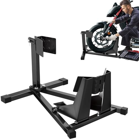 UISEBRT Soporte de acero para rueda delantera de motocicleta – Soporte de montaje para neumáticos de 17- 21 tamaño y 90-130 mm de ancho - con pies de goma antideslizantes, dimensiones: 620 x 460 x