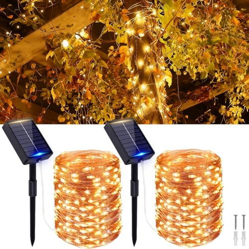 MOLVCE Solar Lichterkette Aussen, 2x20M 200 Led Lichterkette Außen Solar mit 8 Modi und Speicherfunktion, Kupferdraht Solarlichterkette IP65 Wasserdicht für Garten, Hof, Balkon, Warmweiß