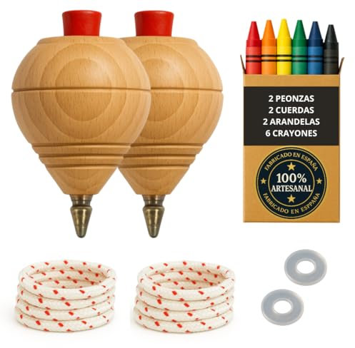 Trottola in legno per bambini, confezione da 2 pezzi + 6 cere colorate + 2 rondelle | fatto a mano in Spagna con punta a penna.