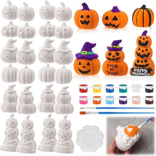Zubebe 24 Pcs Halloween Paint Your Own Ceramic Pumpkin Kit Ready to Paint White Pumpkin Unpainted Statues Ornaments Goodie Bag Fillers with 2 Strips of Paints with 2 Brushes 1 Palette