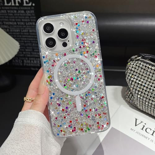 UEEBAI Glitter Case Magnetic for iPhone 16 Pro Max, Luxury Shiny Bling Sparkly Phone Case Compatible with MagSafe, Wireless Charge Crystal Diamonds Shiny Cover for Women - Silver