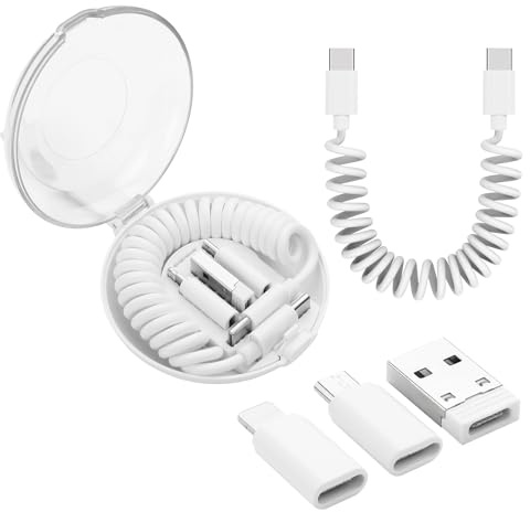 YACSEJAO Multi USB C Coiled Charging Cable Adapter Kit Multi-Type USB Charging Cable Case Convertor Portable USB Converter Case Box with iOS/Micro USB/USB A Adapter (White)