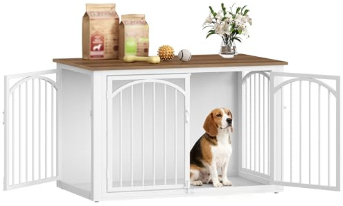 Fobyfurny Hundekäfig Möbel, 100 x 60 x 63 cm, Braun und Weiß | Hundebox für Zuhause, 4 Türen, Moderne Hundebox Holz, Beistelltisch, für Mittelgroße bis Große Hunde, Innenräume FPDC002FWR1