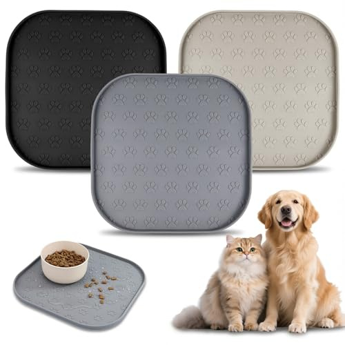 3er Set Napfunterlage für Katzen und Hunde, Silikon-Futtermatte 27 x 27 cm | Rutschfest, wasserdicht und mit erhöhtem Rand – für Futter- und Wassernäpfe; 3 Farben: Schwarz, Grau und Beige.