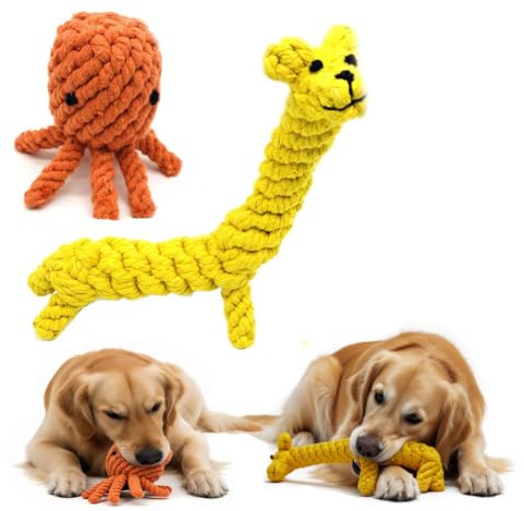 DEERMEI Dog Rope Toys, Cotton Handmade, Octopus and Giraffe Shapes, Teeth Grinding and Chew Toys, 2 Pack - All Breeds Indestructible Dog Toy