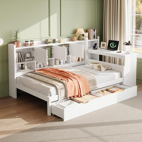 3ft Single Daybed with Storage Drawers and Bookcase, Modern Functional Wooden Bed frame with Charging Station and Integrated Desk, Sofa Bed Guest Beds For Adults Kids Teenagers, White, No Mattress