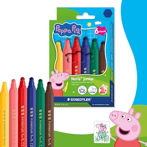 STAEDTLER Noris junior Fasermaler Peppa Wutz 6er Set - Filzstifte mit extra dicker Spitze für großflächiges Malen - Kinderstifte im ergonomischen Format - Sichere Malstifte für Kleinkinder