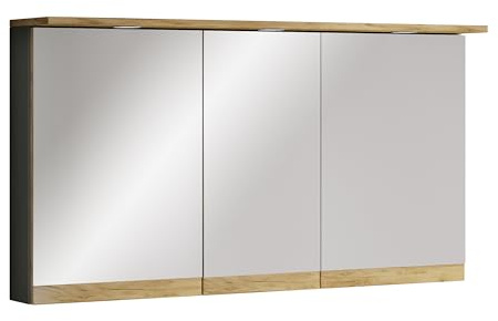 VCM Badspiegelschrank mit Beleuchtung und Steckdose – Spiegelschrank Bad mit 3 Türen und 4 Fächern – Badezimmerschrank hängend – H. 59 x B. 110 x T. 23 cm, Cosila