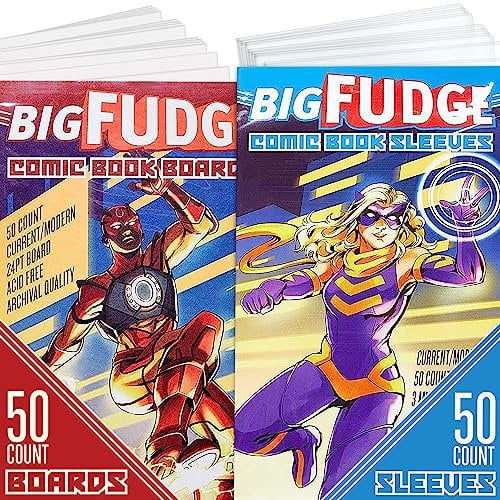 BIG FUDGE 50 Comic Hüllen und 50 Comic Boards - 18 x 27 cm Säurefreie, Klare Manga Schutzhüllen + 17 x 27 cm Comic Pappe - Bags für 1990' und Heutige Comics