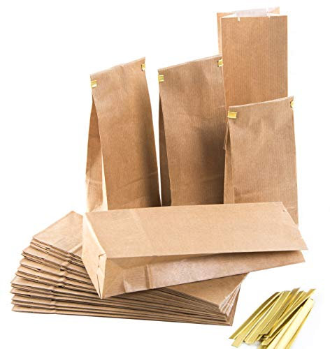 Kleine Blockbodenbeutel, 25 Stück: Papiertüten Braun, Teetüten Kraftpapier, Geschenktüte Give-Aways, Für Kaffee, Tee, Kräuter & Kekse, Kraftpapiertüten, Papiertaschen mit Verschluss, 7 x 4 x 20,5 cm