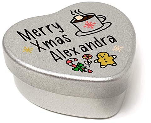 The Plum Penguin Personalised Merry Christmas Name Heart Shaped Mini Tin Xmas Personalised Name Fun Hot Chocolate Mug filled with mini chocolates