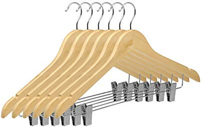 TODO HOGAR - Percha con Pinzas (Pack de 6 Und de 45cm) - (Color Madera Natural) Ideal para Pantalones, con Muescas para Tirantes y Gancho de Acero.