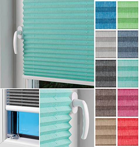 Home-Vision® Plissee Faltrollo ohne Bohren zum Kleben, Innenrahmen, Kollektion Melange Leinenoptik Blickdicht Sonnenschutz Jalousie für Fenster & Tür (Mint - Höhe 100cm x Breite 95cm)