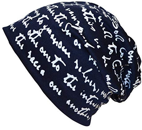 thb Richter Mütze Zweilagig Slouch Beanie Pusteblume Longbeanie Cap mit Pusteblumen Blumen Dandelion Jersey Weich Leicht Stretch für Damen/Herren/Junge/Mädchen Print Aufdruck (Schriftzüge/Marineblau)