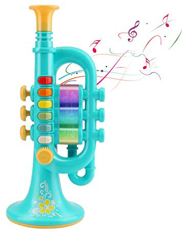 CestMall Trompete Spielzeug, Trompetenhorn mit Musik Tragbares Kindertrompete Spielzeug Kunststoff-Trompete Spielzeug mit beleuchtetem Musikinstrument, Trompetenspielzeug Geschenk an Jungen Mädchen
