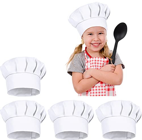 Syhood 4 Gorros de Cocinero Ajustable de Niños Gorros de Toques de Chef de Cocina para Niños de 3 a 10 Años Hornear Pintar Cocina Escuela y Restaurante (Blanco)