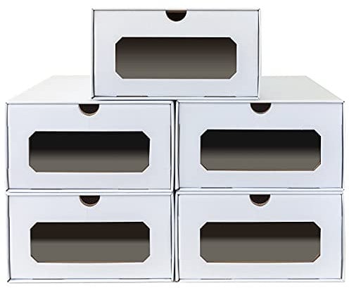 5 x PresentFill® Aufbewahrungsbox Weiß Schuhbox Schuhkiste Schuhschachtel Schuhkarton Ordnungsboxen durchsichtig transparent Sichfenster stapelbar aus Pappe Schuhaufbewahrung Schuhorganizer