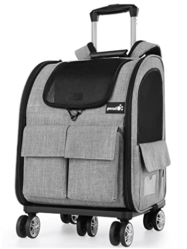 Pecute Rucksäcke Trolley für Hund und Katzen, Hundetrolley Katzentransportbox mit Mesh Fenster, Faltbare Transporttasche, Leichte Hundewagen,Grau