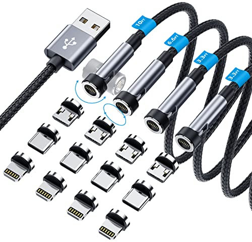 Magnetisches Ladekabel mit 540 ° drehbar, 3-in-1, magnetisches Handy-Ladegerät [4er-Pack, 0.9 m/0.9 m/1.8 m/3.0 m), unterstützt Datenübertragung, USB-Magnetladekabel für iPhone/Micro-USB/Typ-C-Gerät