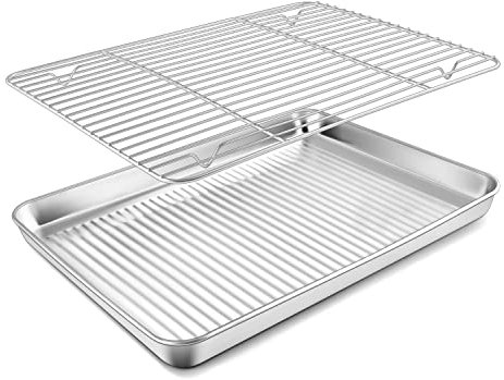 Homikit Backblech mit Abkühlgitter, Edelstahl Rechteckiges Backform Ofenblech und Auskühlgitter für Backen Braten Servieren, 40,7 x 30,3 x 2,5 cm, Ungiftig & Gesund, Spülmaschinenfest