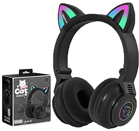 MENON SNT-26 Wireless Bluetooth 5.0 Cat Ear Headphones, Black, Over Ear, LED Light, Foldable, Kids Headphones